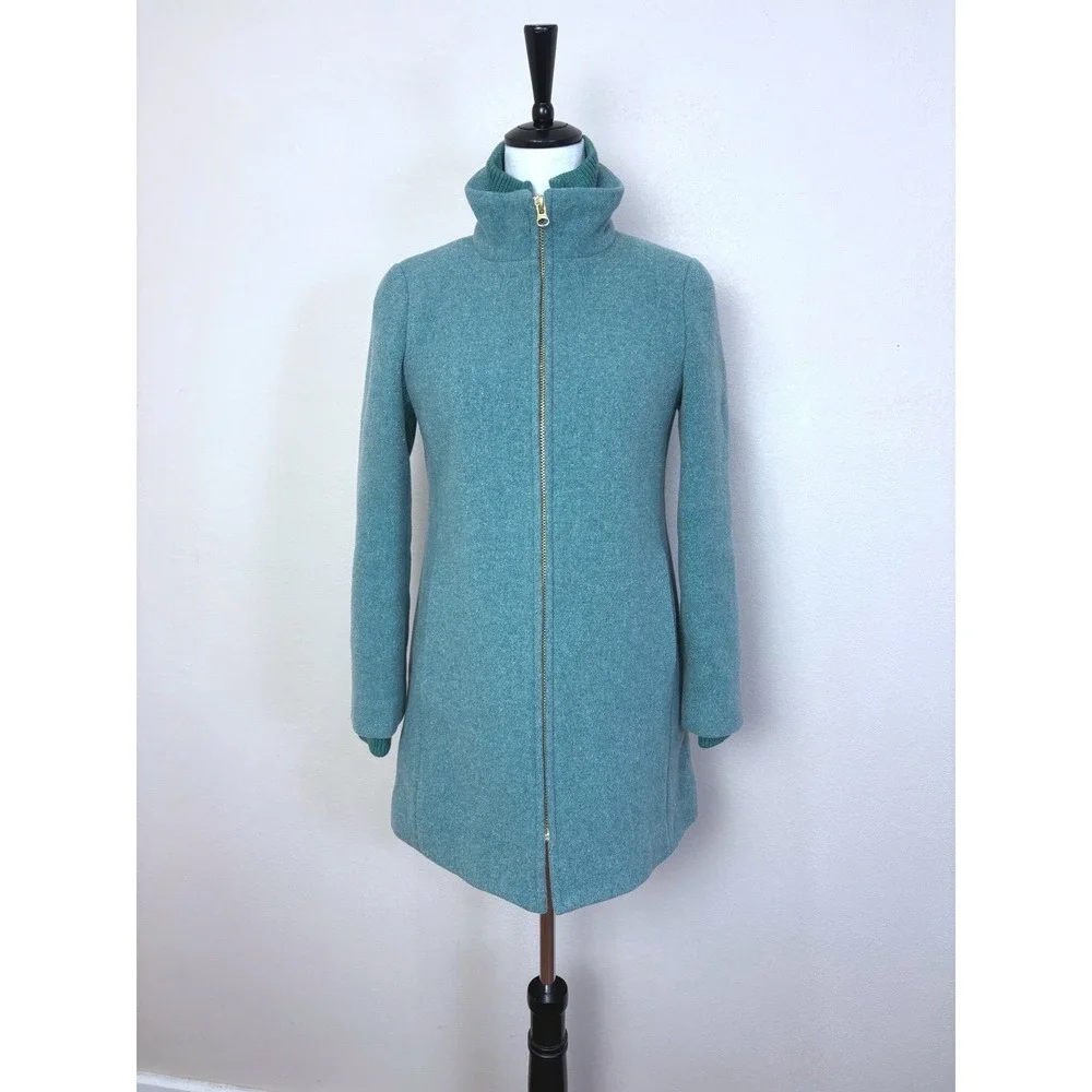 J. Crew Italian Stadium Cloth Lodge Teal Wool Coat Size 2 Full‎ Zip Mock Neck